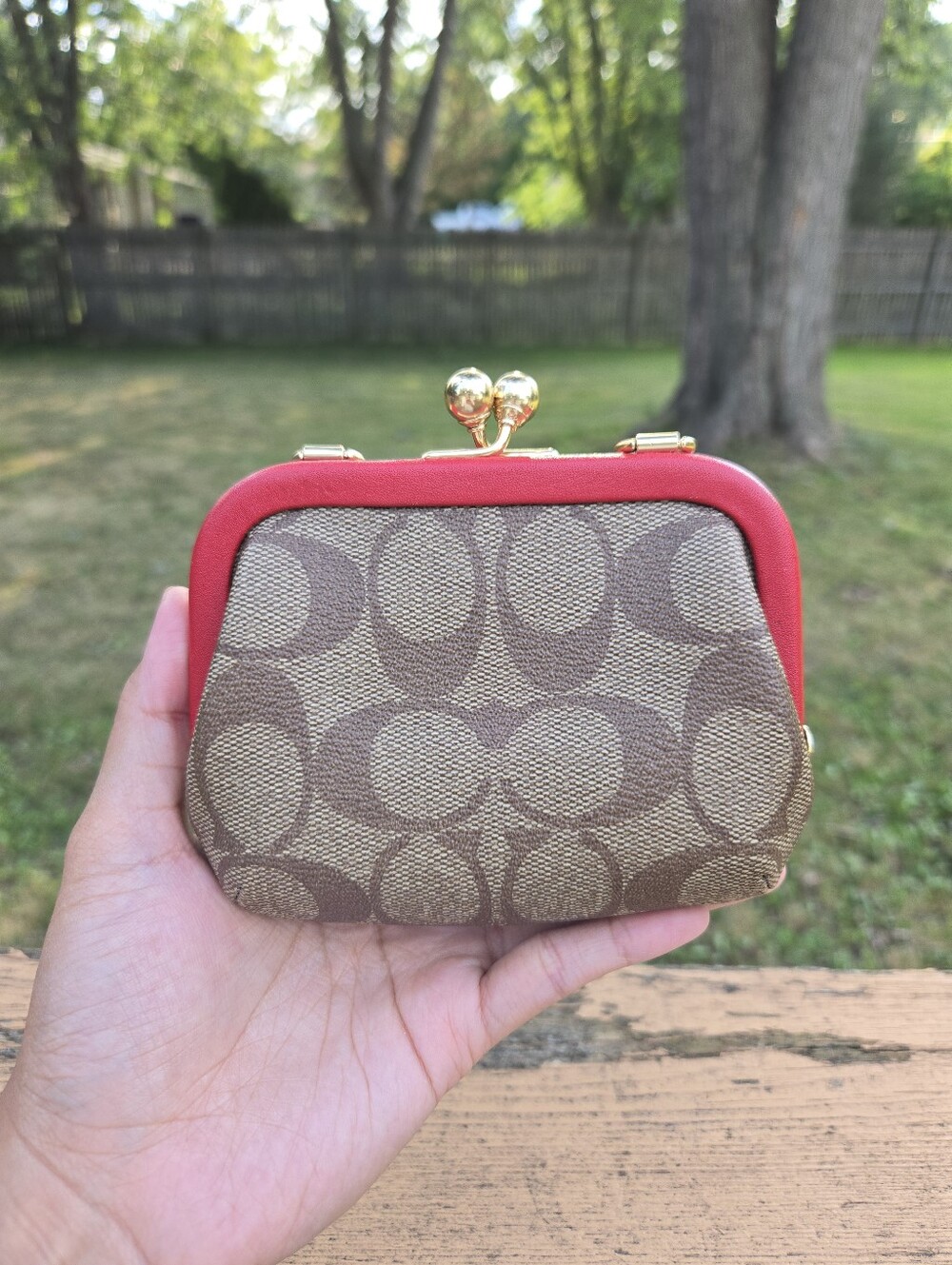 Coach Nora Coin Kisslock Purse Red Leather Trim #CH520 - Picture 2 of 4